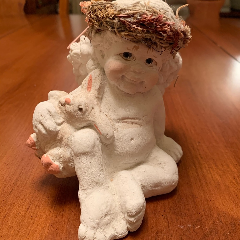 White Ceramic Cherub Figurine with Bunny Accent